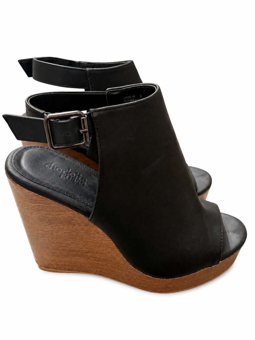 Black Wedge Peep-Toe Sandals with Ankle Buckle